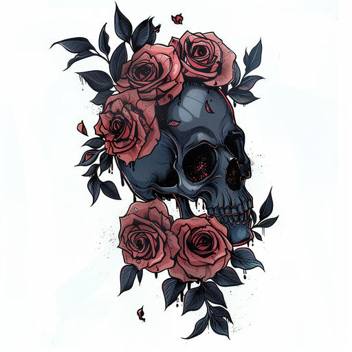 Flat old school tattoo sketch of an obsidian skull with roses