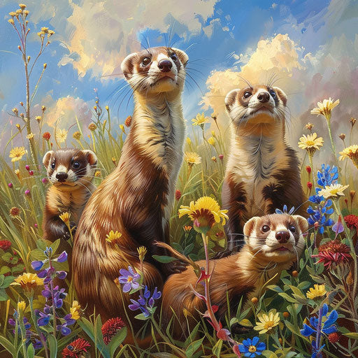 Playful family of black-footed ferrets in a wildflower meadow