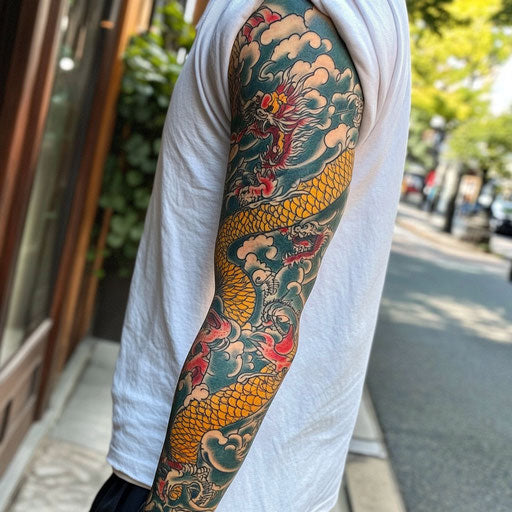 Traditional tattoo sleeve with mythical creatures and warriors