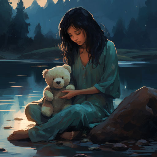 Woman crying over baby's teddy bear with lake in background