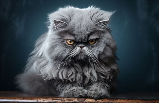 Persian cat on white canvas, dark silver and light indigo style