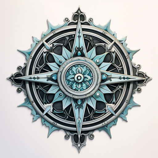 Black compass on white background, dark silver and dark aquamarine style