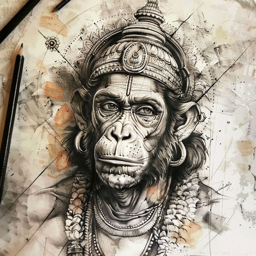 Classic flat tattoo sketch of Hanuman with detailed face