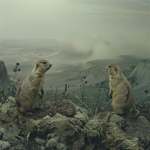 Prairie dogs in a surreal and dreamy landscape