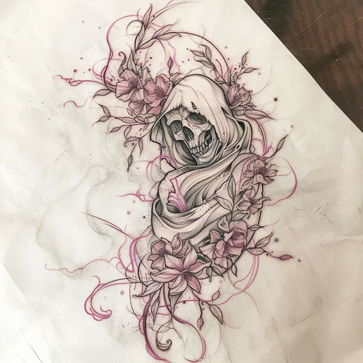 Romantic style tattoo sketch of a reaper death seal