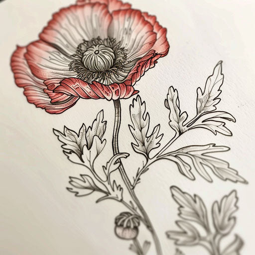 Vintage-inspired poppy tattoo drawing with intricate linework and a touch of red