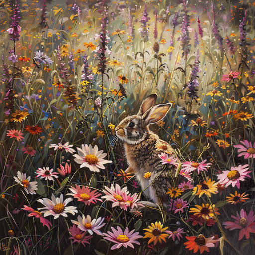 White rabbit among flowers, buzzing flowering meadow
