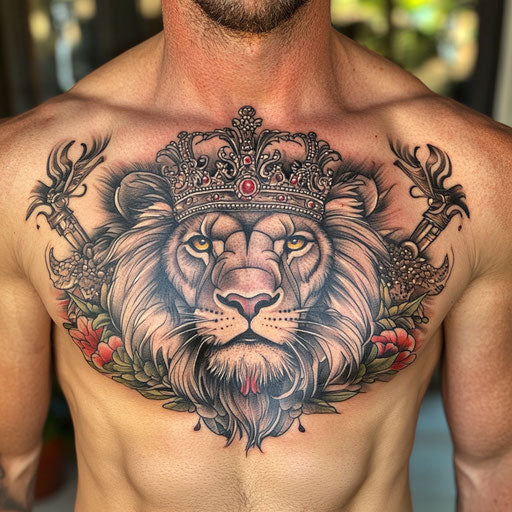 Lion chest tattoo with crown and scepter in Ami James style
