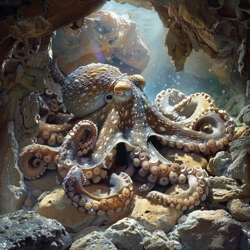 An octopus protecting her eggs in a hidden underwater cave