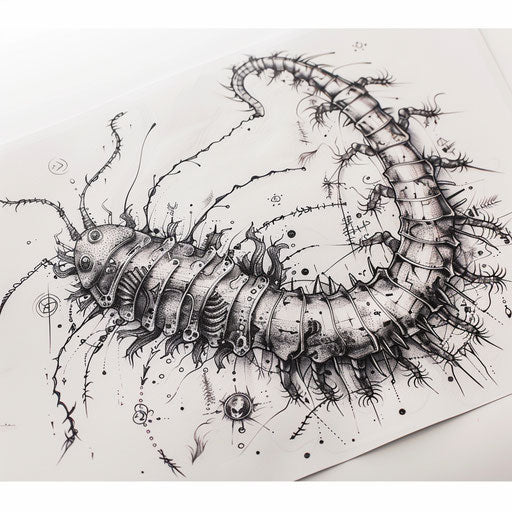 Fantasy centipede tattoo with magical motifs and symbols, on white background