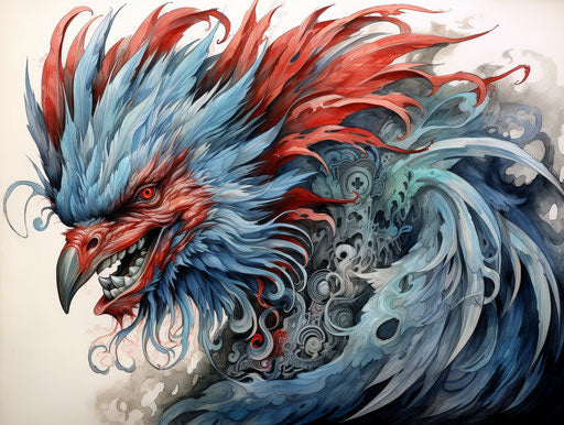 Blueish rooster dragon tattoo drawing, in the style of chinapunk