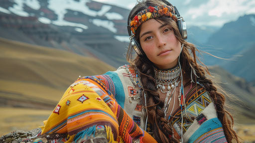 Young Quechua woman from the Andes with DJ headphones