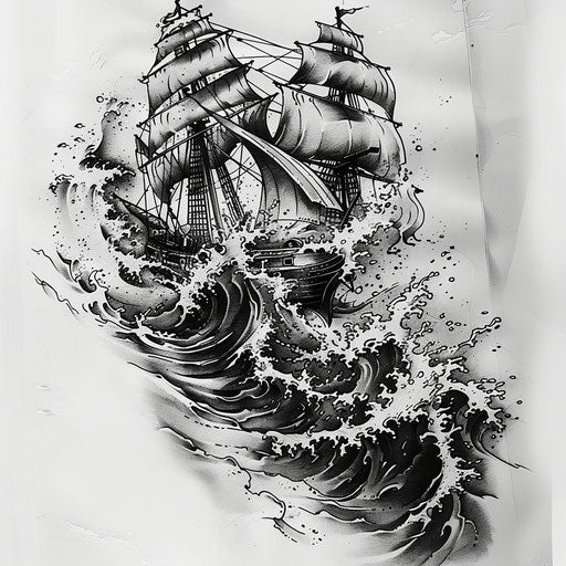 Dynamic art tattoo sketch of a ship crashing through high ocean waves