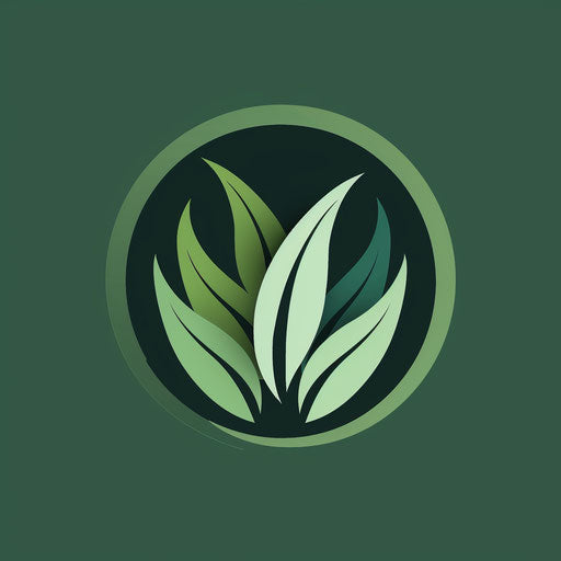 Round logo with a stylized leaf on green background