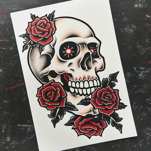 Traditional American skull tattoo with roses in black red on white paper