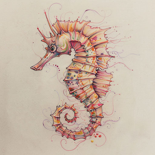 Delicate seahorse tattoo sketch with fine lines and pastel colors, clipart style