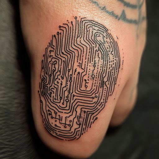 Fingerprint tattoo with cyborg circuitry design, Steve McNiven style