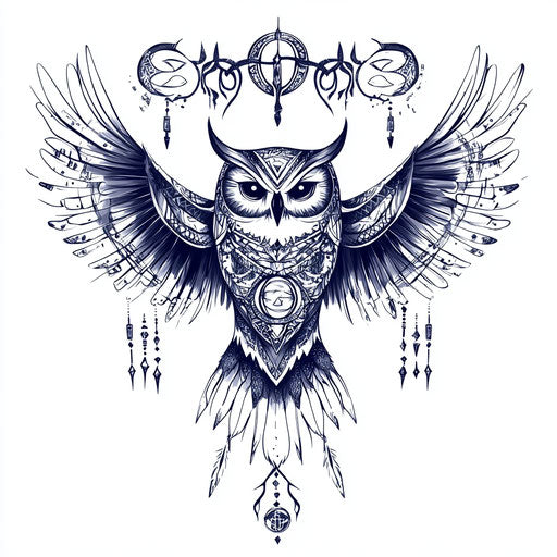 Tattoo sketch of owl chest tattoo with mystical runes
