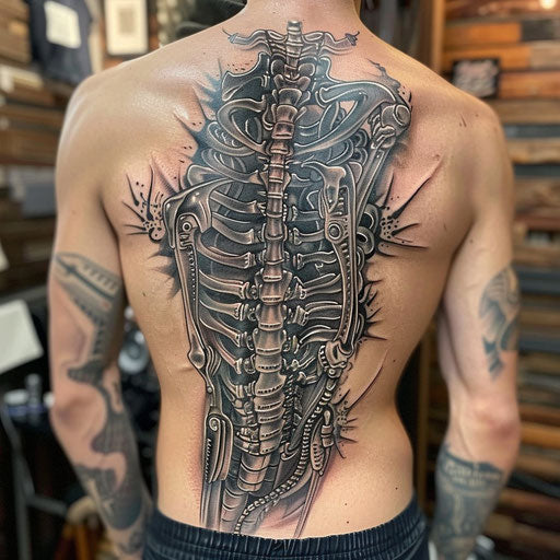 Biomechanical patchwork tattoo in the style of Guy Aitchison