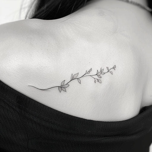 Nature-inspired flat tattoo sketch of a micro realism small branch with budding leaves