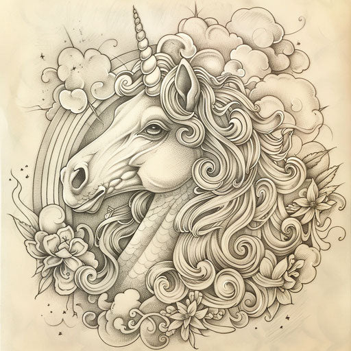 Sketch of a mystical unicorn with a rainbow tattoo