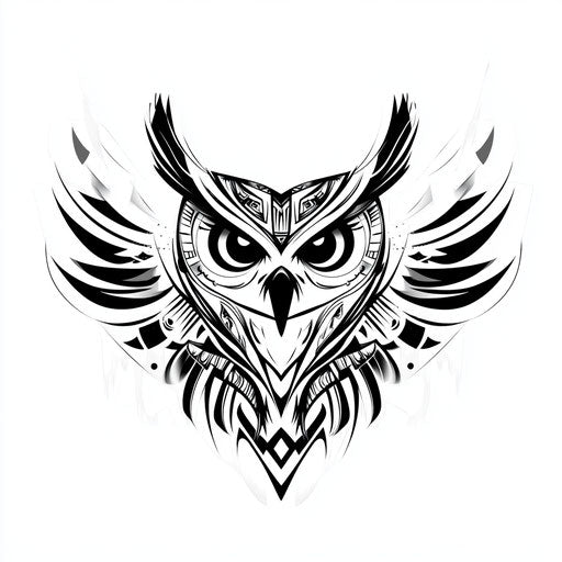 Owl neck tattoo with tribal elements in flat style