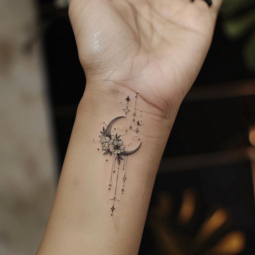 Sketch of a crescent moon tattoo with hanging stars and floral vines for a women's wrist coverup tattoo