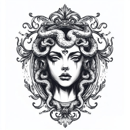 Flat tattoo sketch of Medusa hand tattoo with baroque frame