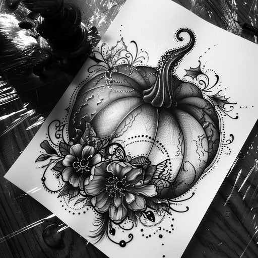 Gothic tattoo sketch of a pumpkin with dark, intricate lace patterns in black and grey