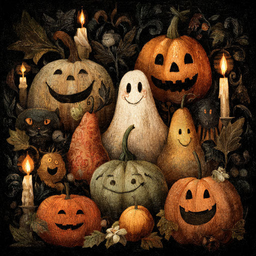 Ghosts and Pumpkins in a Whimsical Night Scene