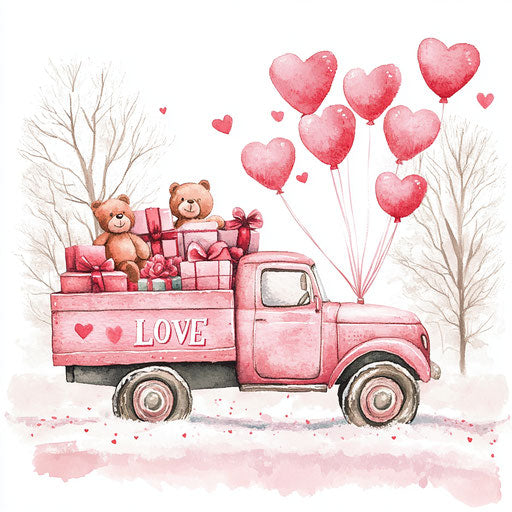 Pink truck filled with hearts and gifts of love