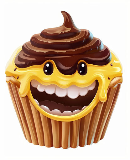 Yellow cupcake with brown frosting and smiling, white background