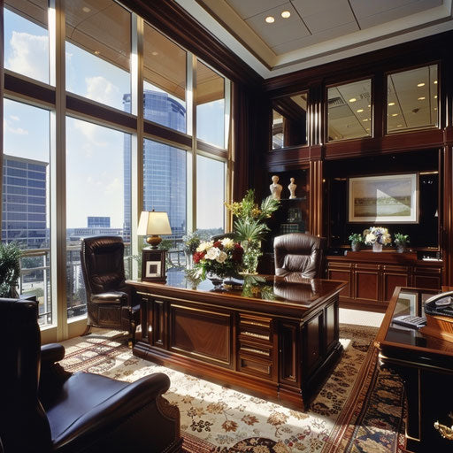 Luxurious executive office with mahogany furniture and windows