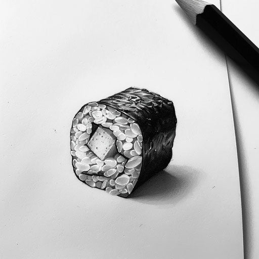 Flat tattoo sketch of a micro realism delicate sushi piece with fine detail on rice grains