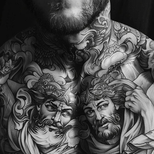 Male chest tattoo depicting mythological gods, in the style of J.P. Targete