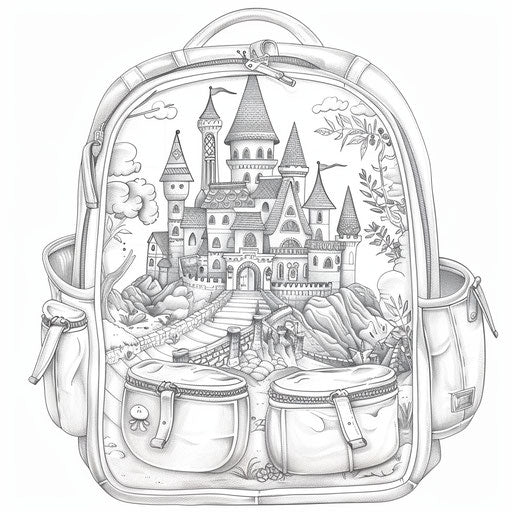Whimsical backpack with fairy tale castle and characters
