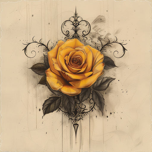 Gothic flat tattoo sketch of a yellow rose with dark elements