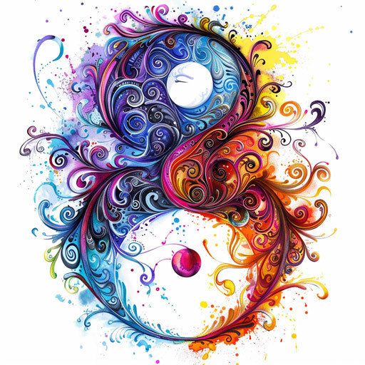 Psychedelic yin and yang tattoo design with swirling patterns and vibrant colors