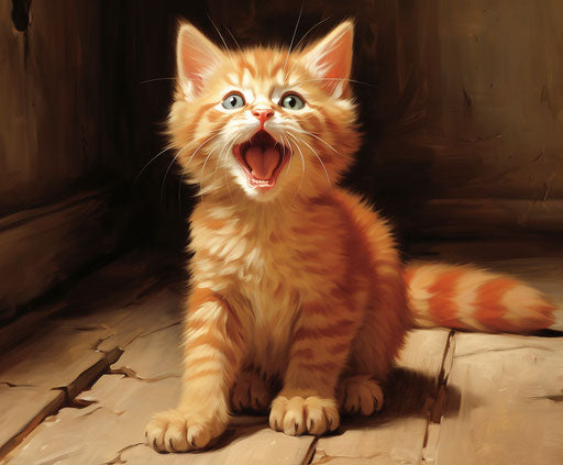 Red kitten on floor sticking out tongue