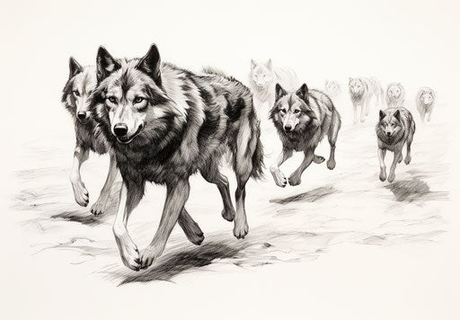 Coloring pages of wolves and dogs, Richard Doyle style
