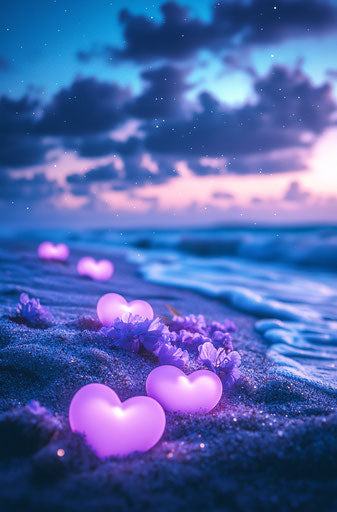 Glowing purple hearts on the beach at night