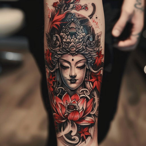 Divine tattoo with Japanese influences, in the style of Ami James