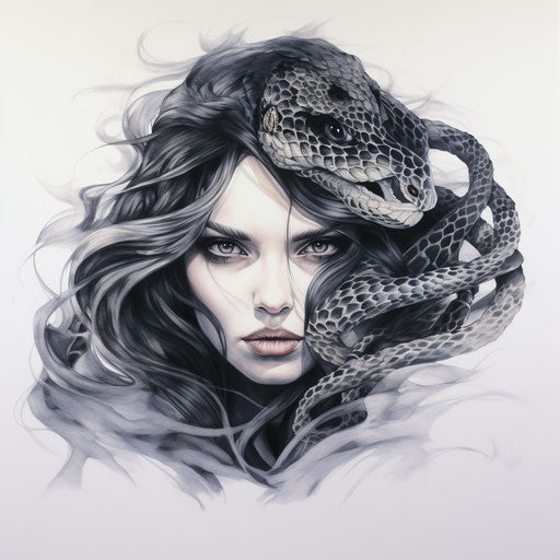 Woman's face with snakes, large lips, long hair