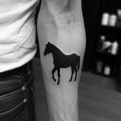 Minimalist sketch of a dark horse with a starry sky