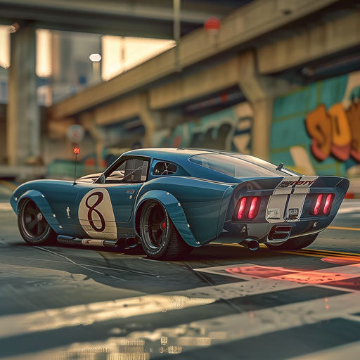 Shelby Daytona tuned for drifting with wide tires and a custom spoiler, sliding around an urban drift course.