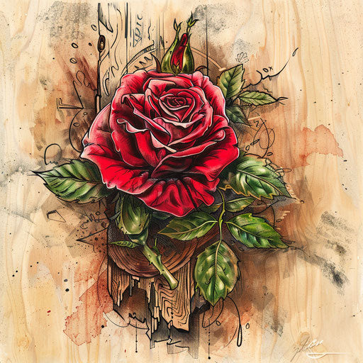 Rustic tattoo sketch of a red rose with woodcut patterns and natural green accents