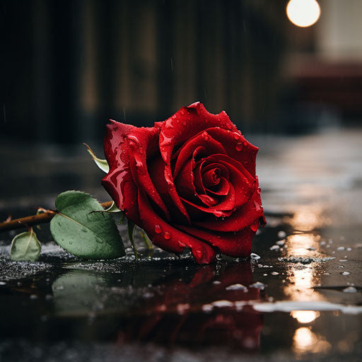 Red rose in the rain, darkerrorcore style, visually poignant