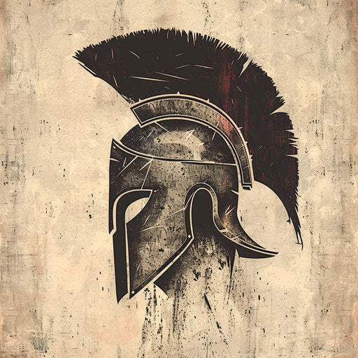 Vintage-inspired spartan helmet tattoo sketch with faded colors