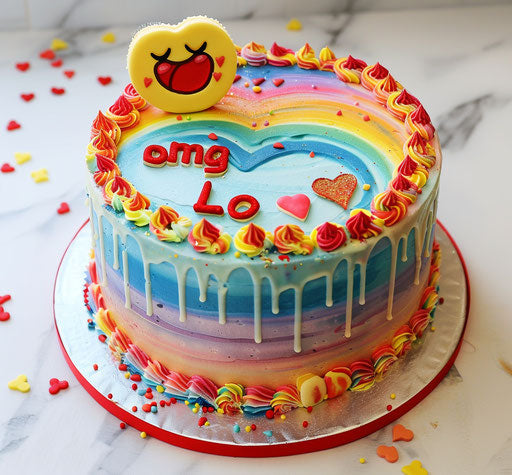 Rainbow cake with 'omg' emoji and 'LOL' drawing