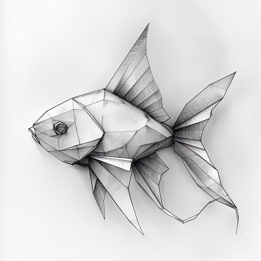 Minimalist origami fish tattoo on white background